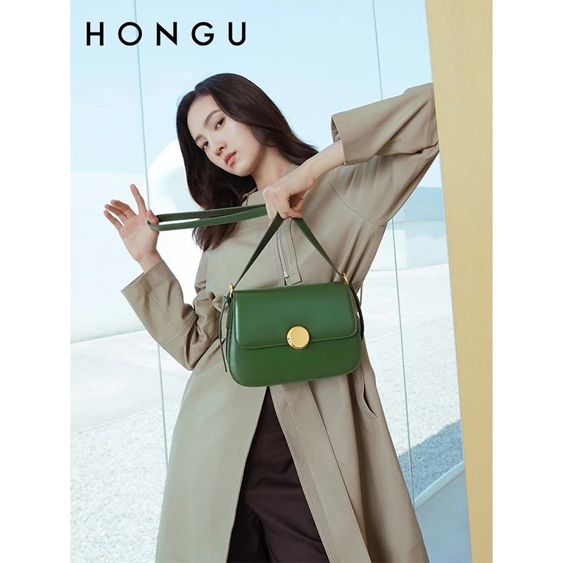 HONGU/红谷新款百搭牛皮女士单肩腋下包斜挎豆腐包小众软面小方包