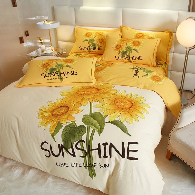 100%棉纯棉斜纹四件套新疆棉全棉高支高密向日葵加厚床上用品套件