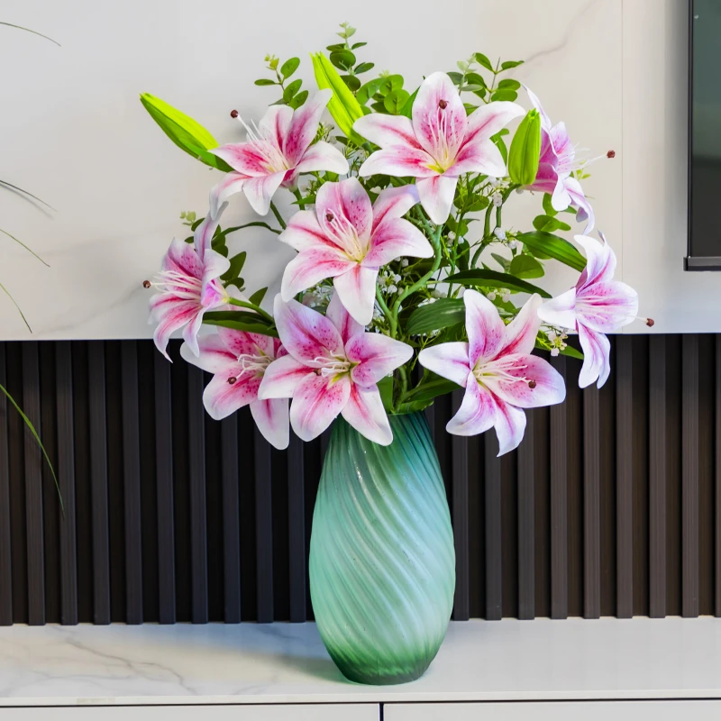仿真百合花满天星花艺家居餐桌茶几装饰花摆放花盆塑胶塑料假花束