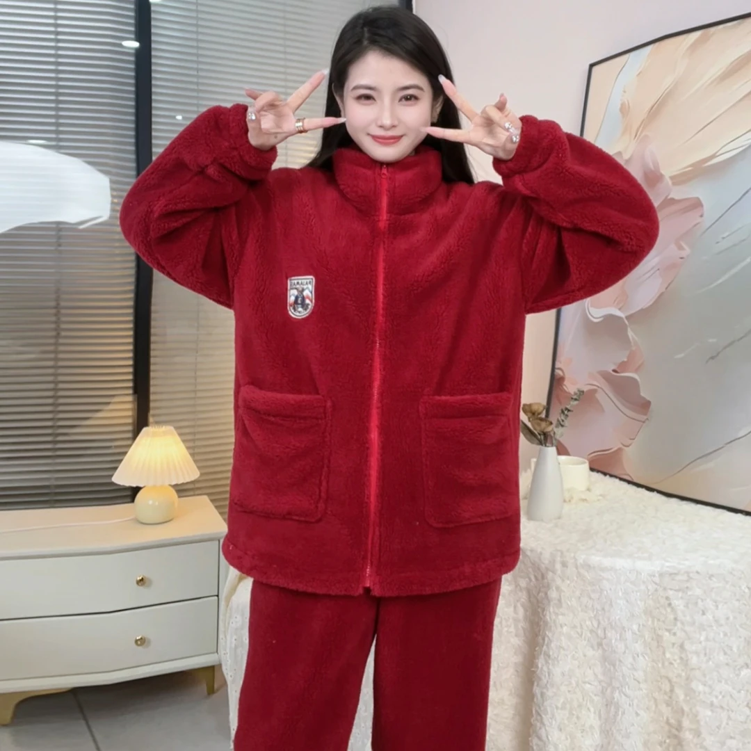【安哥拉红】柔软舒适雪花绒保暖毛绒秋冬睡衣套装女可外穿加厚
