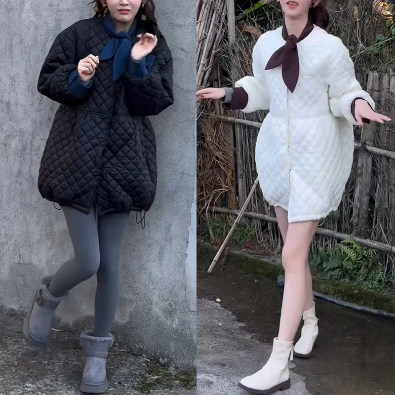 冬装搭配一整套2025年新款韩系百搭菱格棉服鲨鱼裤两件套装