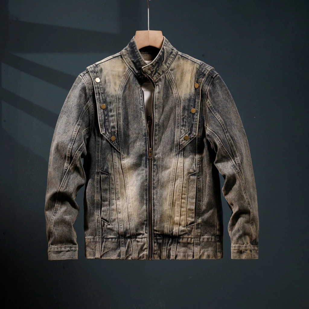 简纳曼克牛仔外套男士秋季重磅水洗立领渐变痞帅复古工装机车夹克