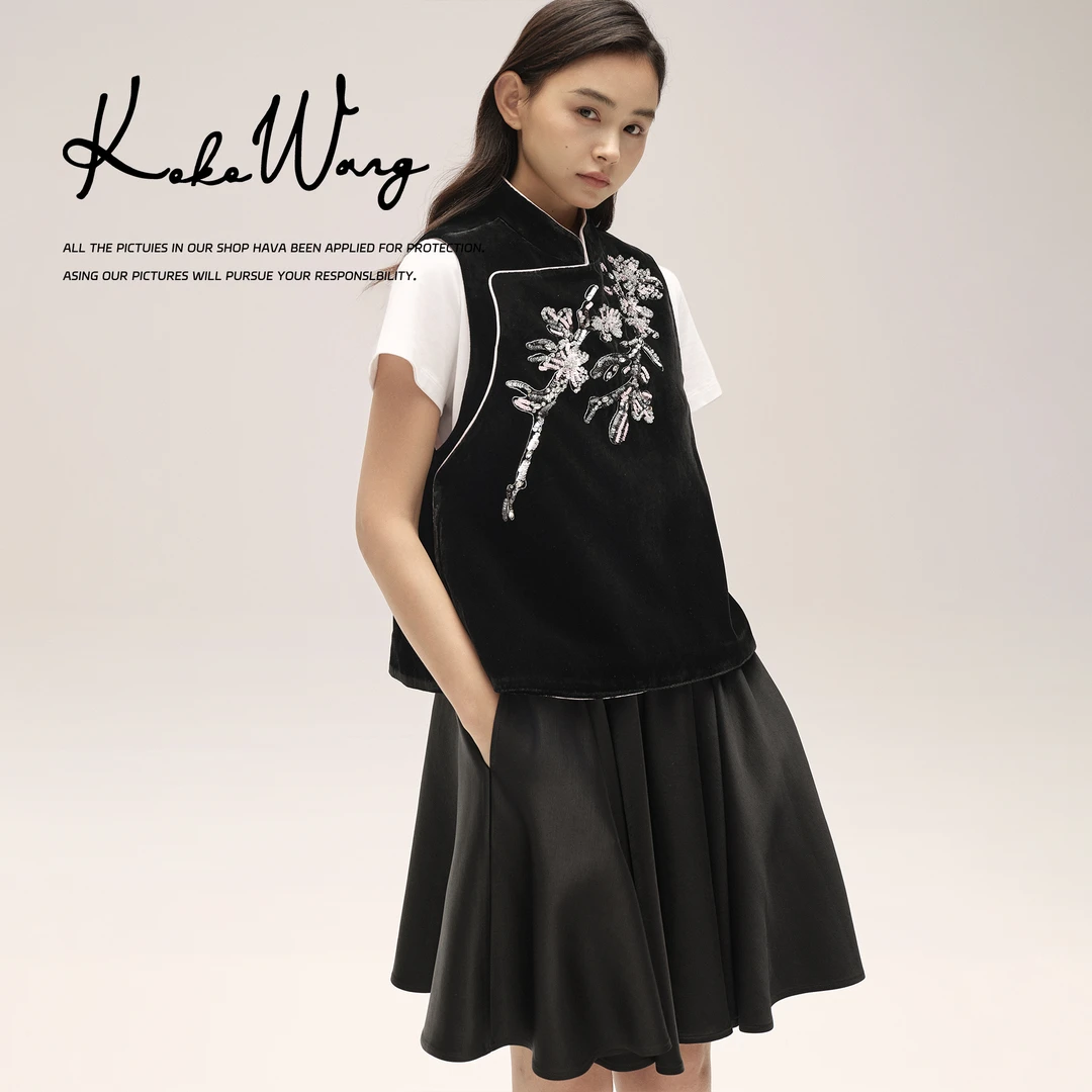 KOKOWANG秋冬100桑蚕丝立体晶石丝绒刺绣时尚百搭马夹N0685F09W50