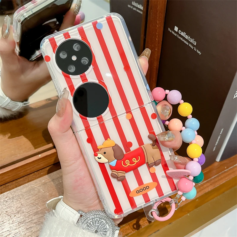 适用华为pocket 2手机壳条纹立体小狗华为purax折叠屏手链保护套