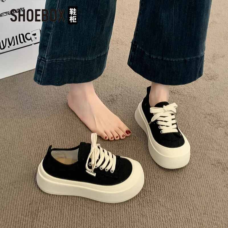 SHOEBOX鞋柜厚底帆布鞋女2025秋爆款百搭大头鞋子增高运动板鞋