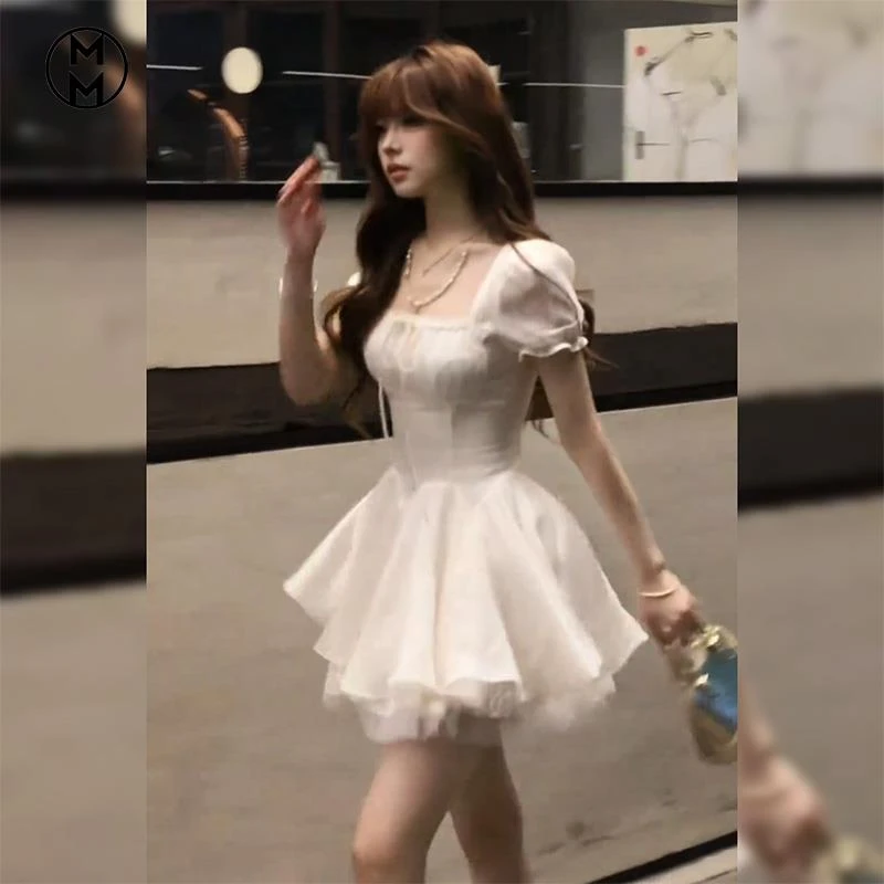 MM纯欲初恋甜美风方领短袖连衣裙女收腰蓬蓬裙2025夏季新款超仙短