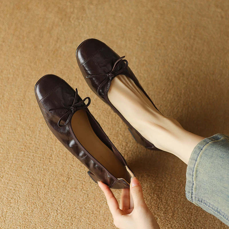 牛皮~法式方头软底爆款蝴蝶结复古圆头单鞋气质尖头低跟百搭大码