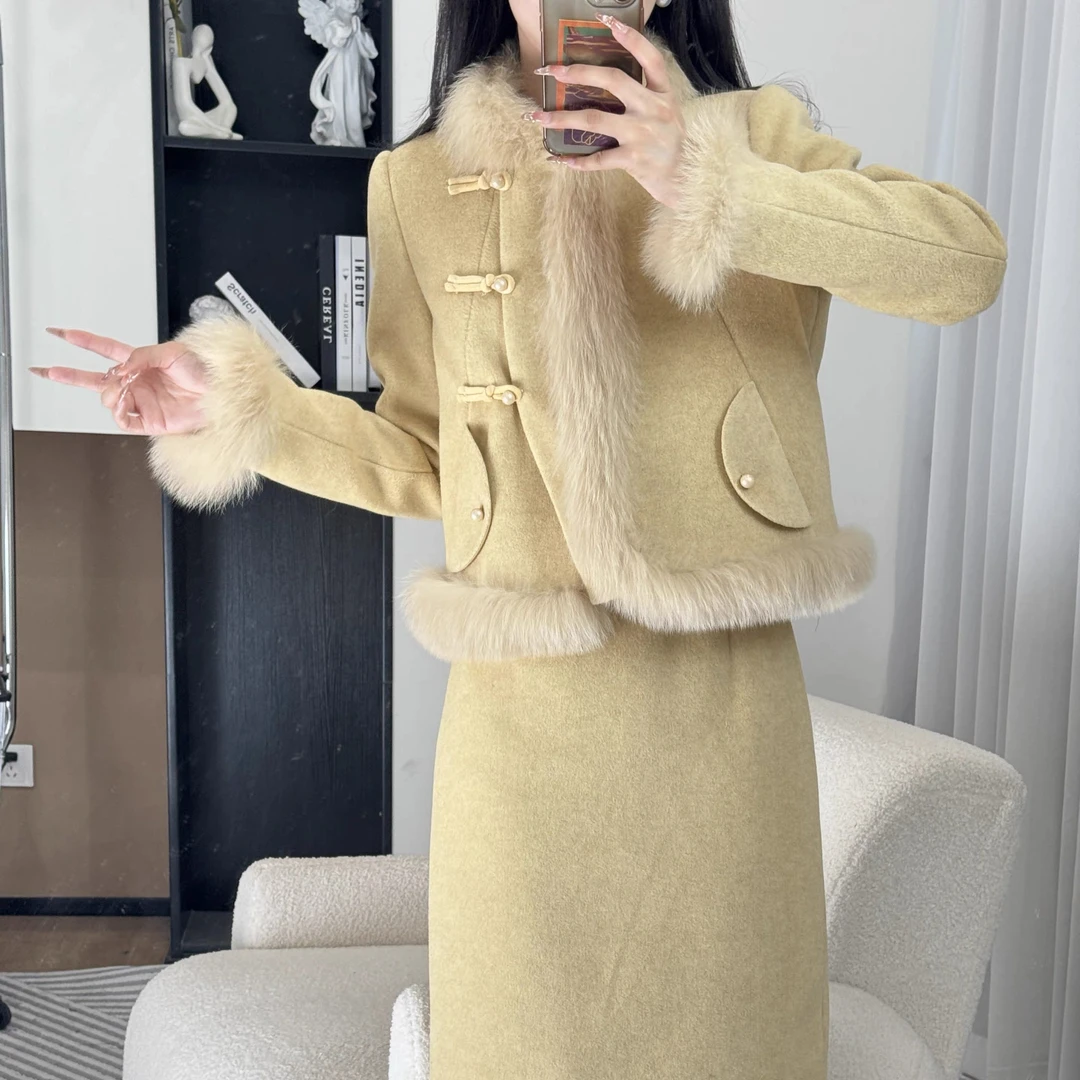 2025新款秋冬季新中式女款毛外套保暖小香风套装裙A81101