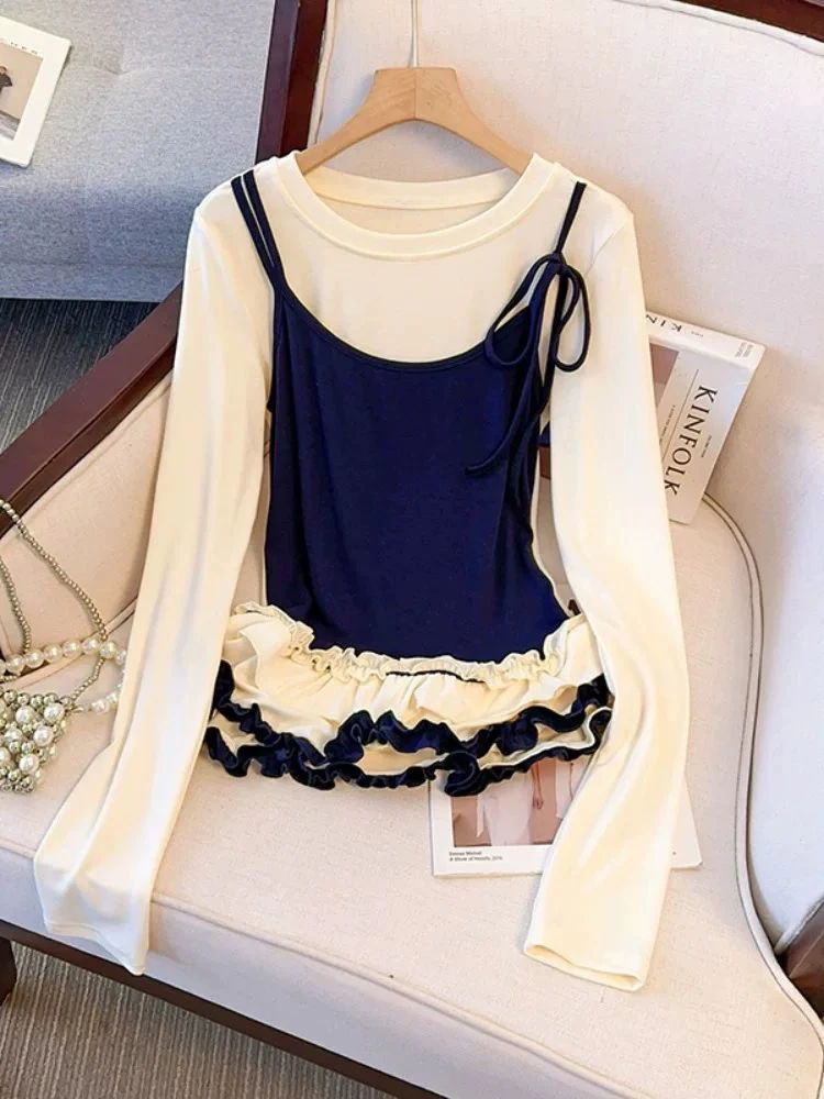 2025春季新款韩版圆领拼接假两件木耳边下摆长袖T恤显瘦打底衫女