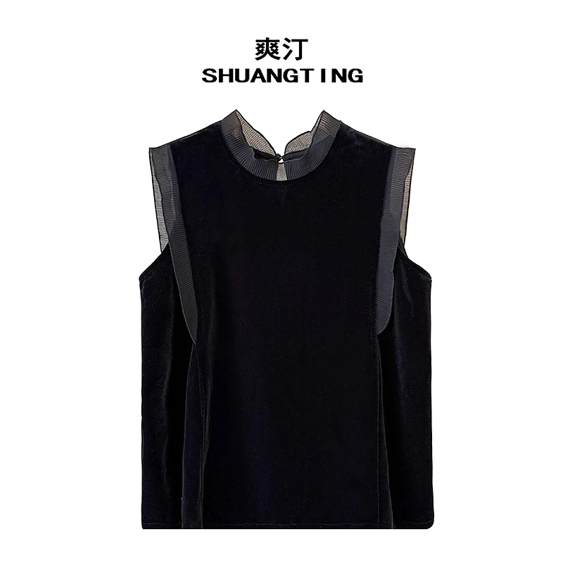Jokara/丘可儿【春茶】黑色金丝绒无袖背心立领木耳边拼接显瘦上衣