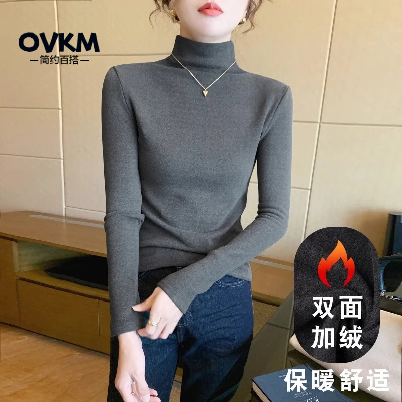 OVKM灰色半高领加绒加厚打底衫女秋冬季2025新款内搭中领德绒保暖