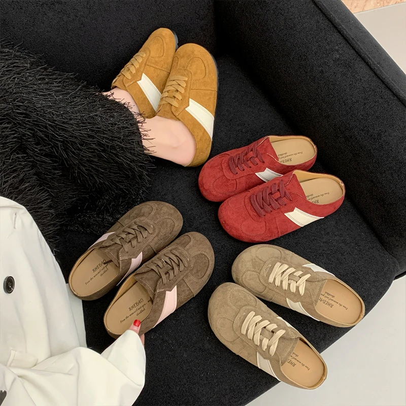 复古厚底内增高包头半拖鞋女外穿2025春季新款红色德训鞋勃肯拖鞋