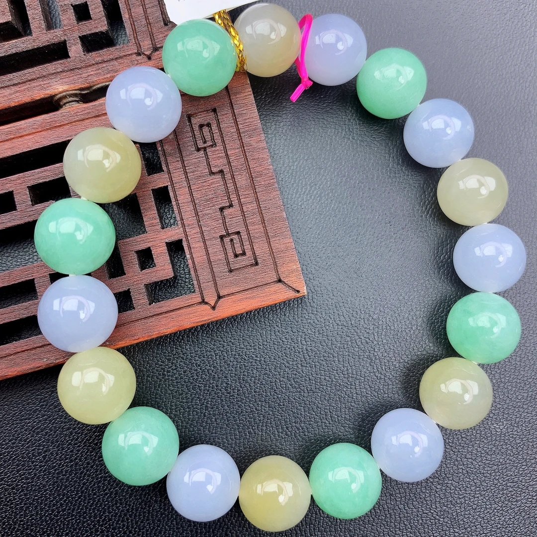 四会缅甸A货翡翠多宝三彩福绿寿紫黄绿圆珠手链手串单圈yxT卡10mm