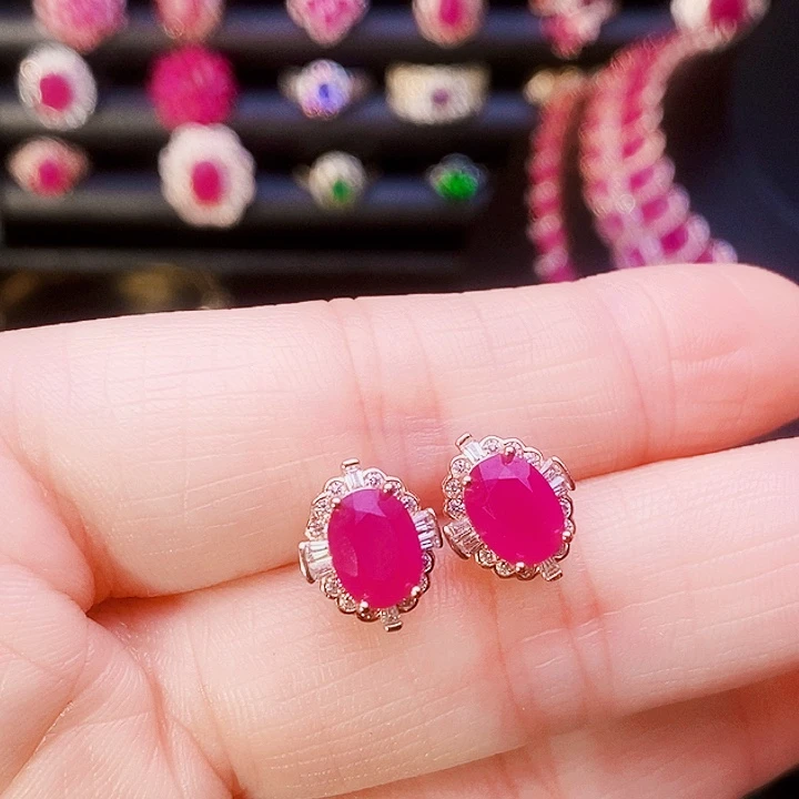 耳饰银S925镶嵌红宝石