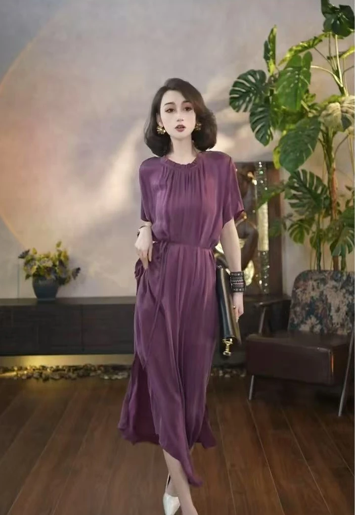 F156 2025新款夏季时尚连衣裙圆领系带气质舒适薄款中长裙纯色