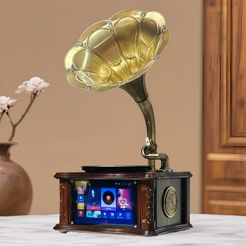 ODN/欧蒂诺台式大屏K歌留声机复古黑胶蓝牙智能安卓音响实木摆件