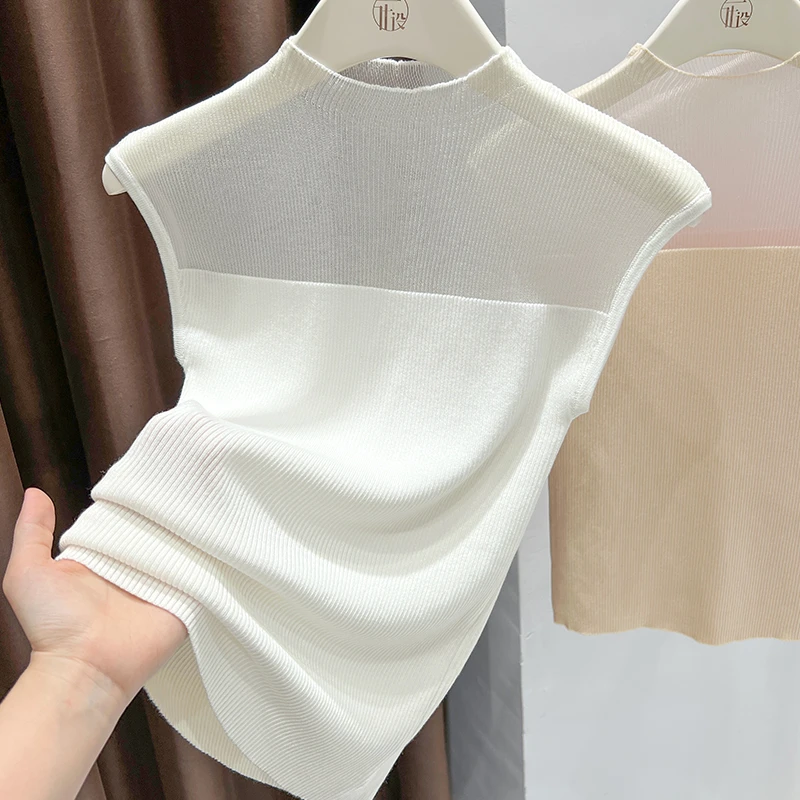白色无袖网纱拼接背心女修身洋气软糯气质半高领夏季冰丝打底衫薄