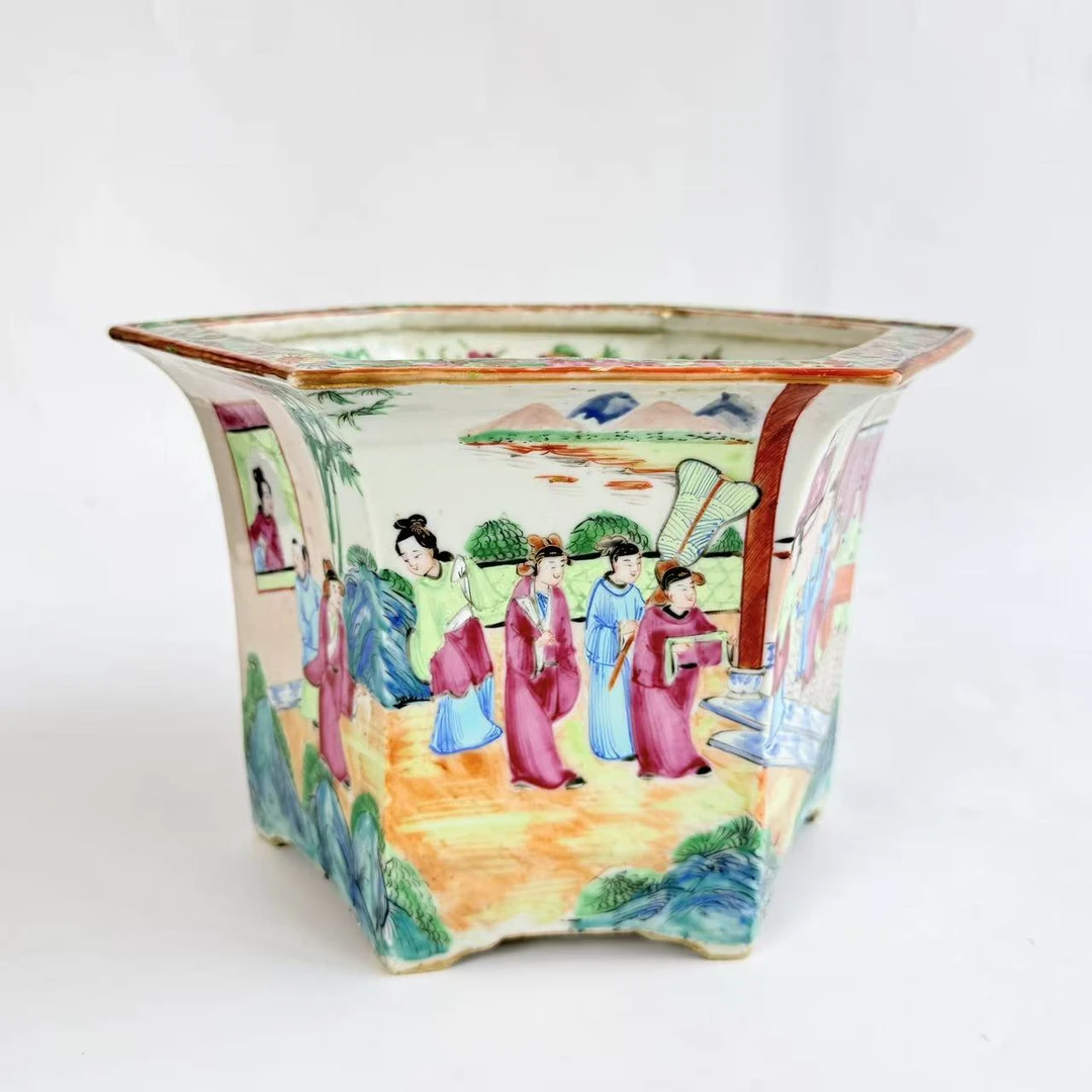JM306清道咸-广彩西厢记六方花盆【古董拍卖】