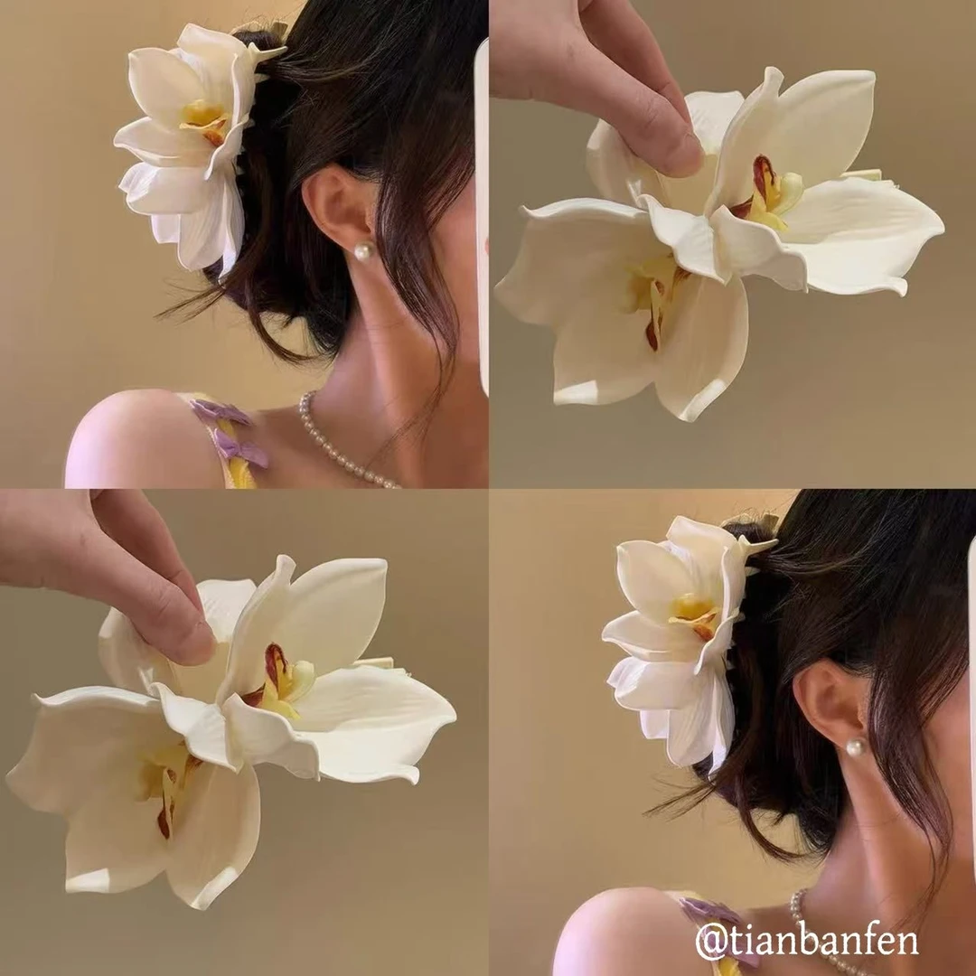 纯白花嫁~春夏度假风超仙蕙兰花发夹女2025新款爆款抓夹发饰边夹