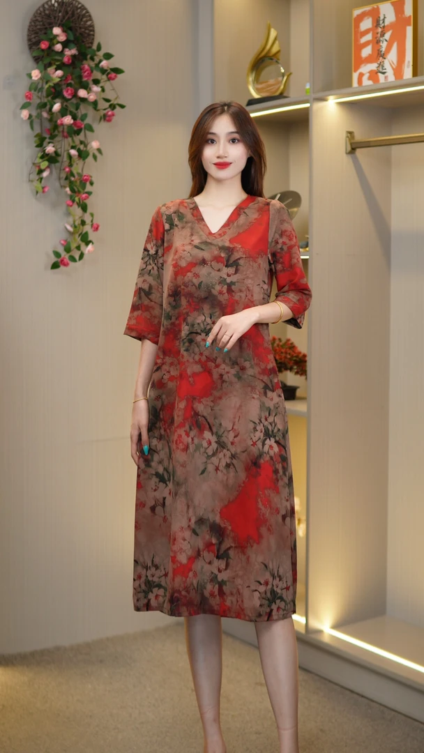 妈妈装连衣裙直筒裙宽松显瘦女装【红火】CX