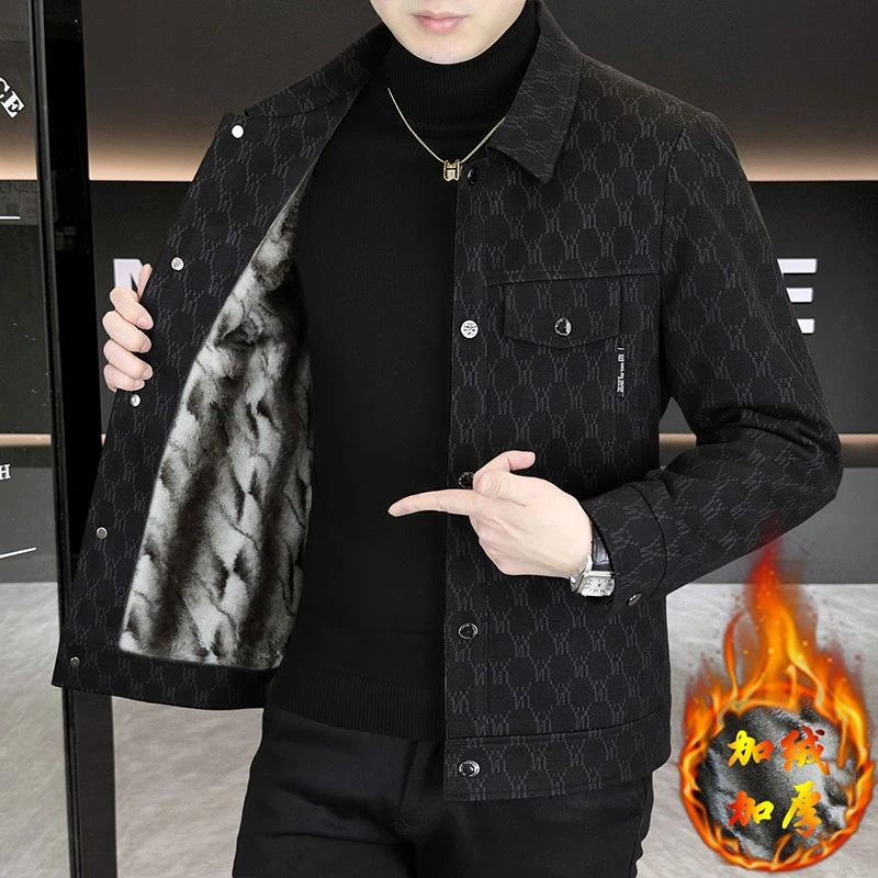 加绒加厚夹克男士防寒保暖外套2025新款翻领上衣百搭提花拼接冬装