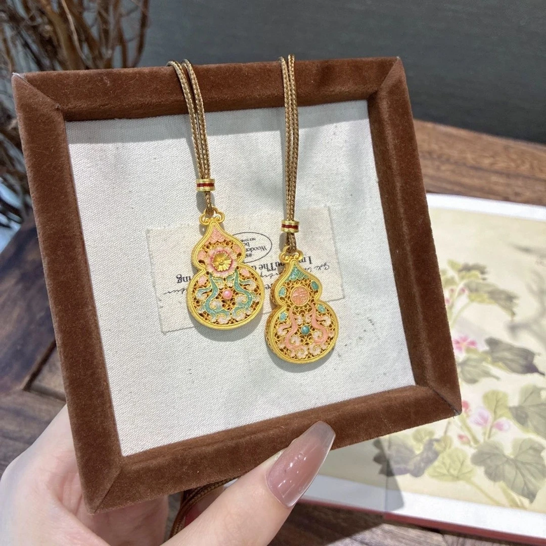 吊坠足银珐琅 足银999.9描金珐琅海棠花葫芦吊坠新中式国潮项链女