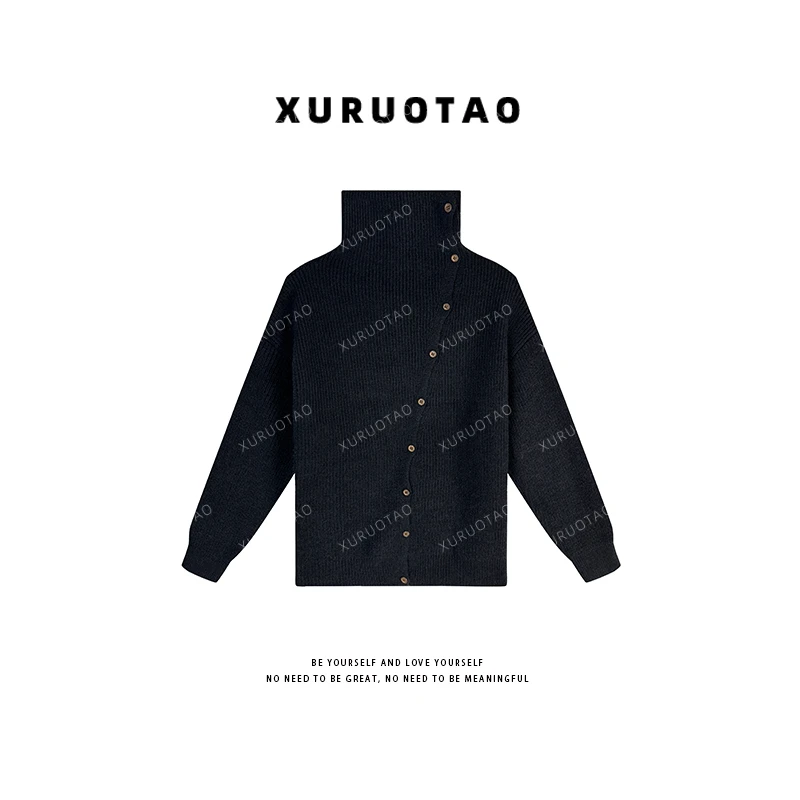 XURUOTAO【缪斯夫人】小众设计款黑色斜门襟针织毛衣T6366