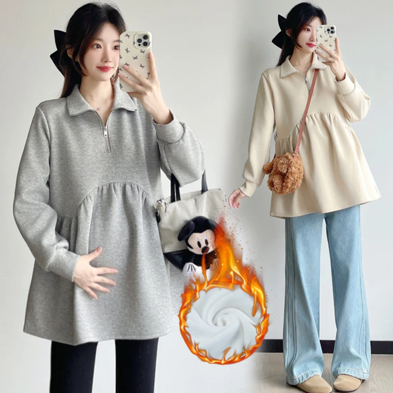 【伊伊】孕妇装2025春秋冬加绒加厚上衣显瘦长袖时尚韩版中长款卫衣