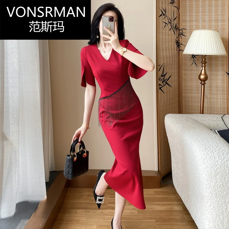 红色修身礼服鱼尾裙夏新款高档气质V领正式场合显气质长裙子女