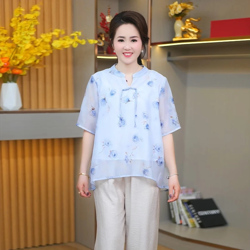 母亲节妈妈装欧若风新中式国风短袖T恤女夏印花改良套装小衫套装