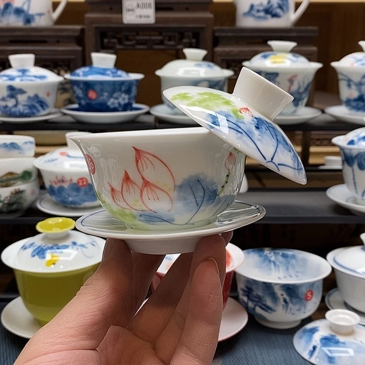 手绘微瑕荷花盖碗