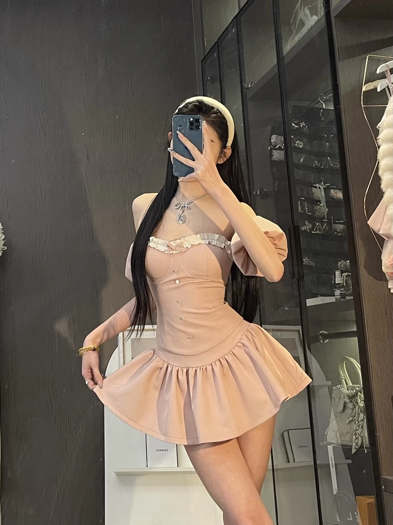 【百利甜】夏季新款甜辣系收腰显瘦蝴蝶结上衣泡泡袖短裙套装