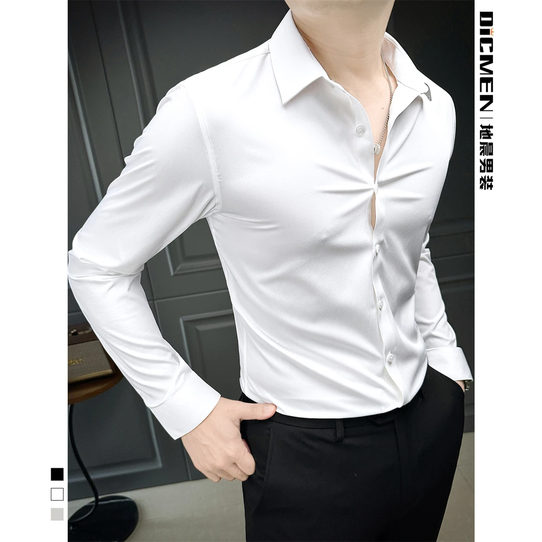 高级感纯色男士衬衫长袖商务痞帅修身白衬衣男款2025新款爆款上衣