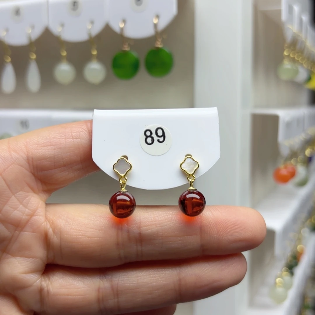 血珀银S925镶嵌耳饰