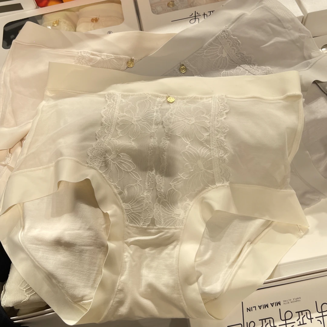 3条装 窗纱之声 秋季中高腰大包臀莫代尔拼接软蕾丝女士内裤