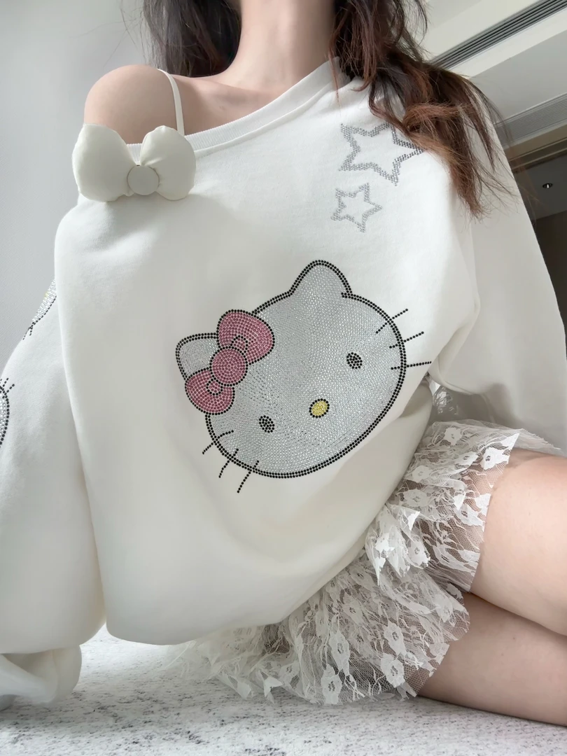 Run菲菲可爱Kitty圆领长袖套头卫衣女春秋款宽松休闲针织上衣2