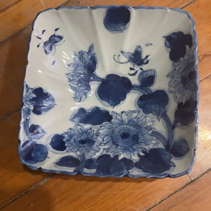 青花瓷景德镇手绘向日葵花边方盘
