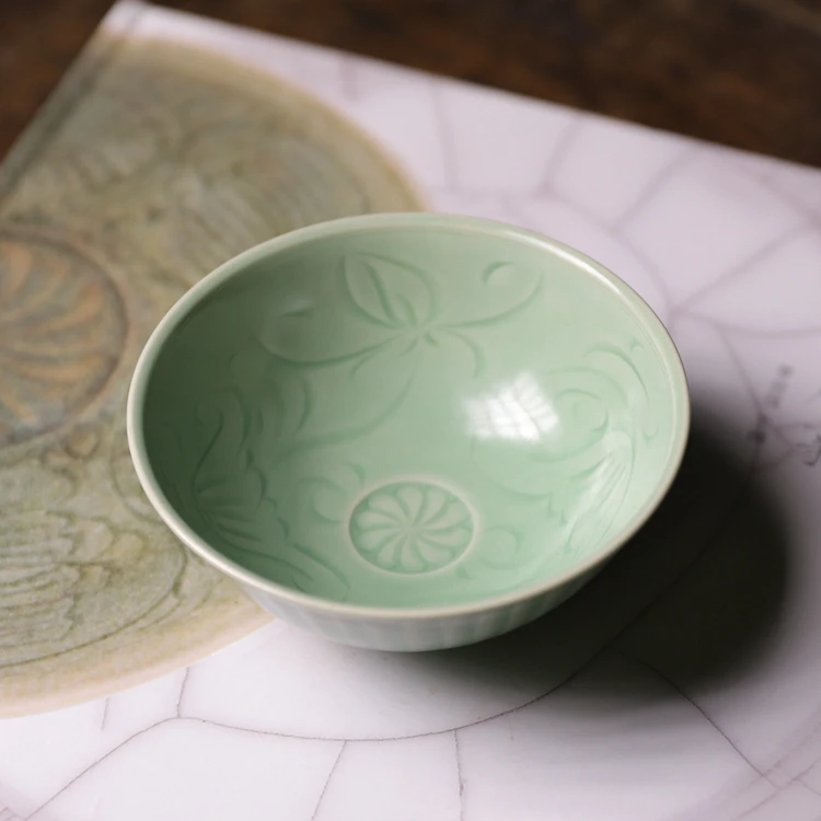 森野陶瓷茶器半刀泥阿佳缠枝折扇纹小碗纯手工中式主人杯茶杯茶具