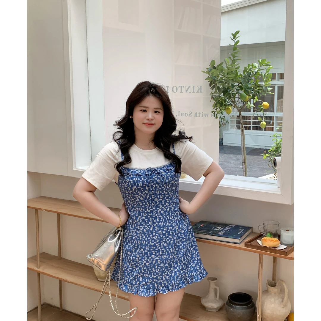 现货【泡泡女孩】大头婷丫丫微胖夏季假两件连衣裙短袖碎花木耳边裙