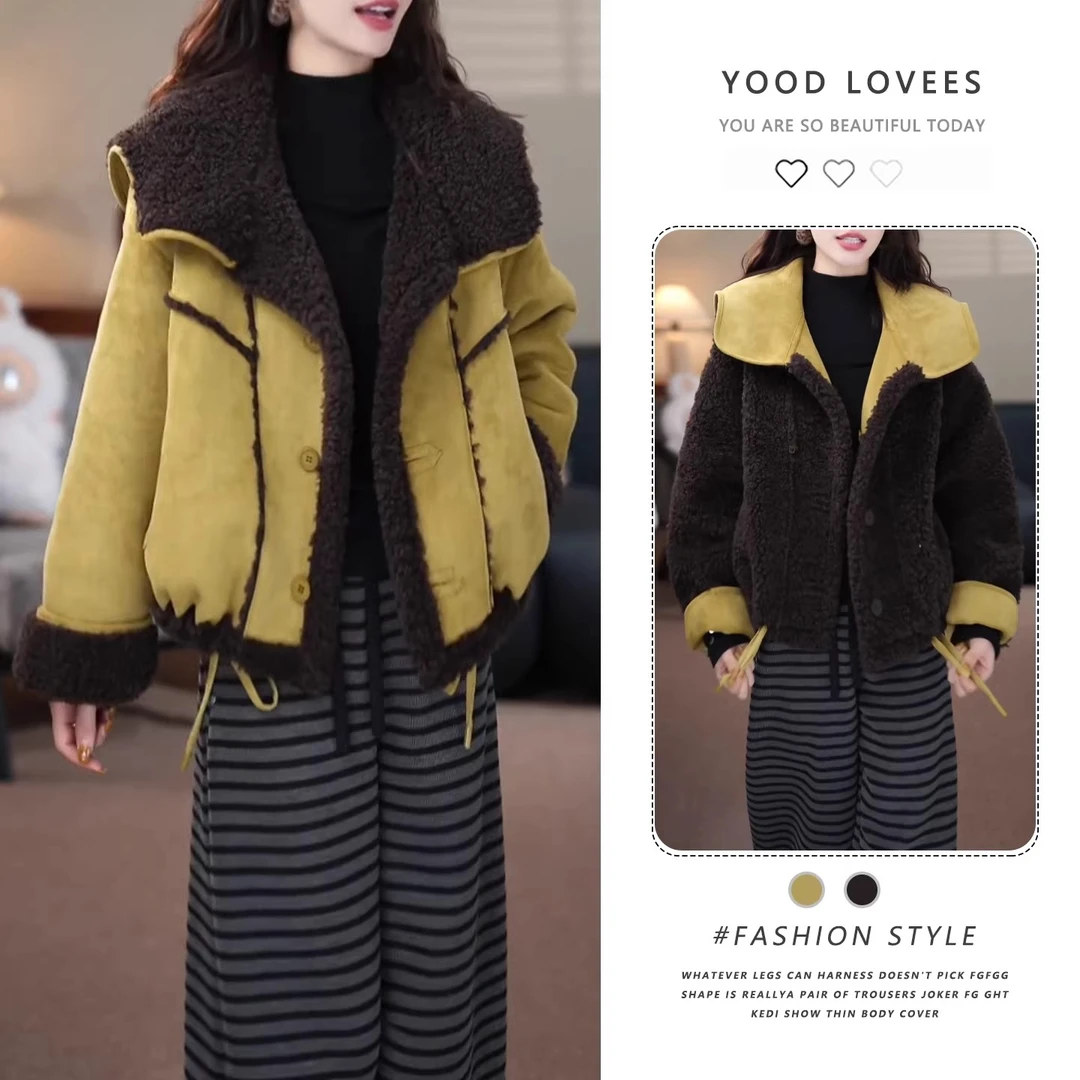 拉夏贝尔撞色拼接两面穿毛毛短外套女冬季高级感宽松加厚保暖上衣