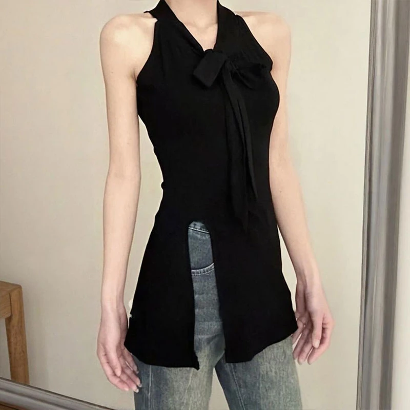 【年中青青】辣妹黑色系带蝴蝶结无袖挂脖设计感吊带背心女夏季外穿