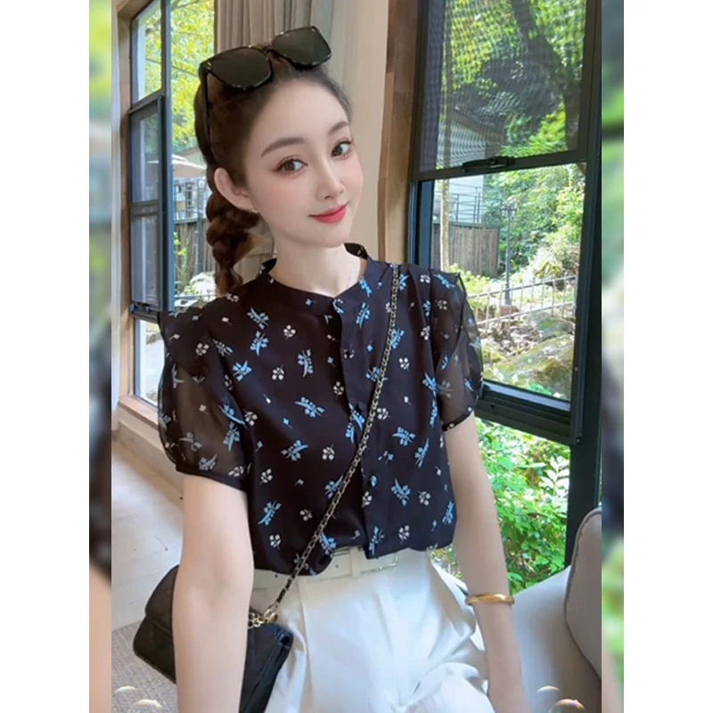 韩版气质减龄碎花短袖衬衫女装2025夏季新款休闲显瘦独特漂亮上衣
