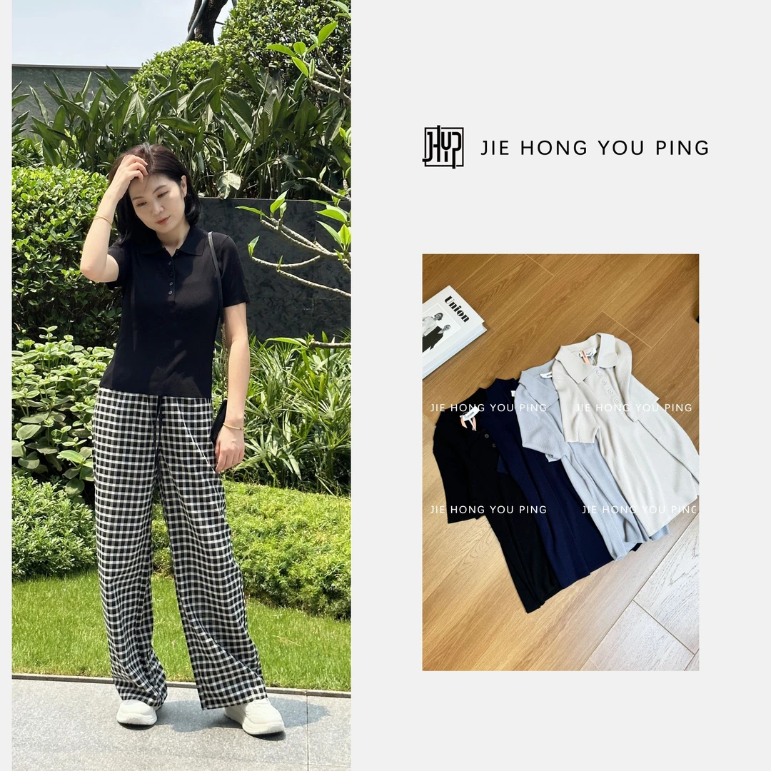 夏季新款翻领纯色高级透气针织衫女短袖上衣百搭POLO女装25558
