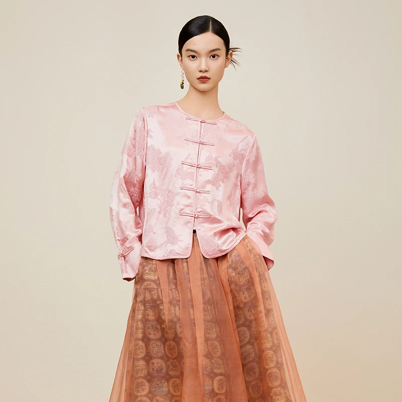 吉丘古儿盛夏原创设计新中式提花衬衫简约圆领对襟上衣G242Y053