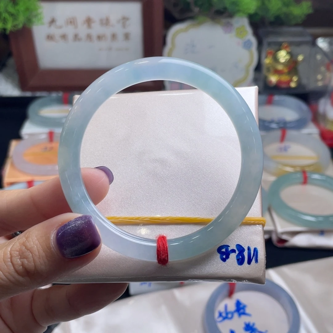 翡翠未镶嵌手镯3号 53+圆条 冰川蓝