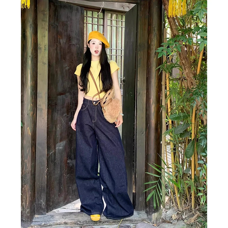 丹宁色深蓝牛仔裤女2025开春新款复古高腰垂感宽松显瘦阔腿拖地裤