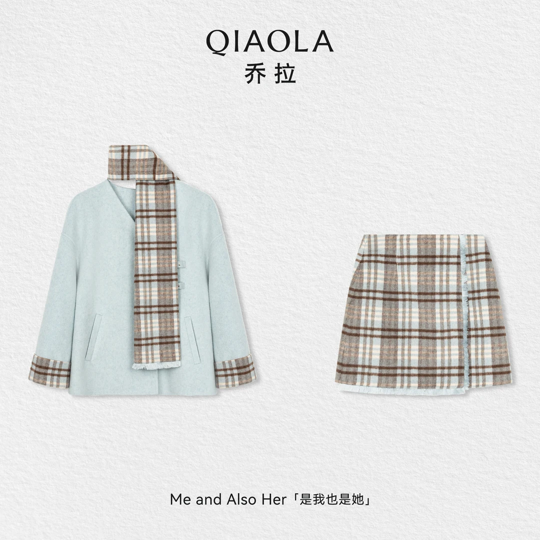 QIAOLA/乔拉【韩剧女主】秋冬绵羊毛双面呢格纹围巾外套A字短裙