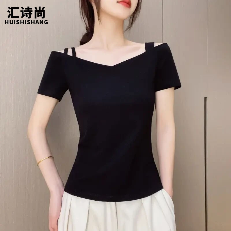 汇诗尚黑色纯棉一字肩V领百搭短袖T恤女打底衫修身显瘦性感上衣潮