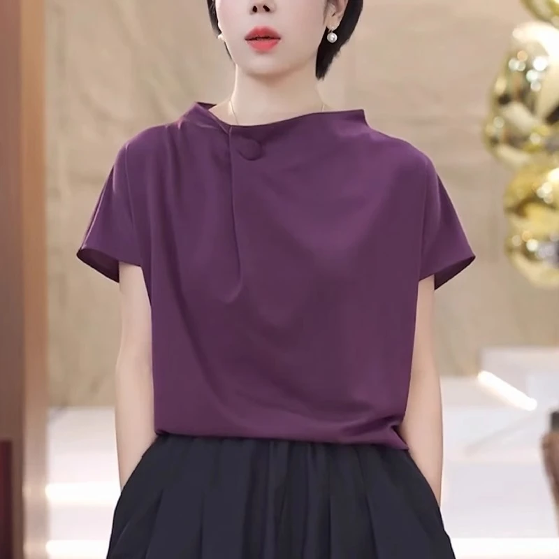 纯色短袖t恤女夏季2025新款宽松时尚显瘦减龄设计感休闲气质上衣