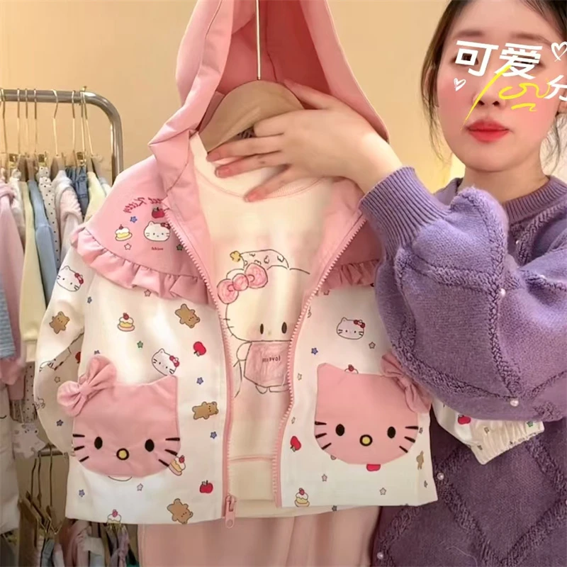 新款上新春款女童韩版猫咪可爱外套卡通印花插肩袖圆下摆打底衫